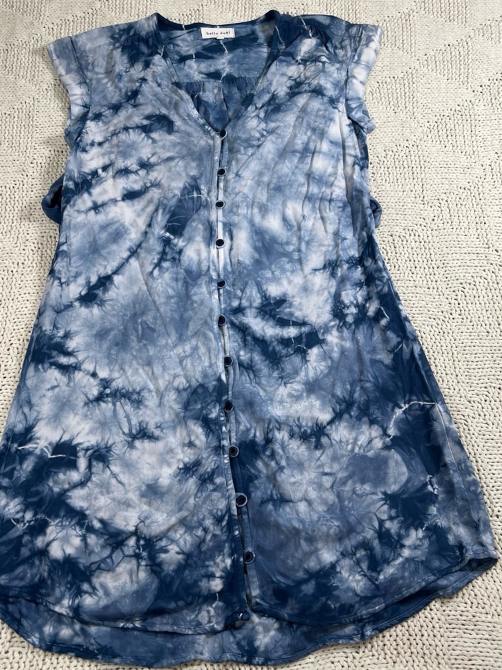 Bella Dahl Blue Tie-Dye Button Front Cap Sleeve Dress